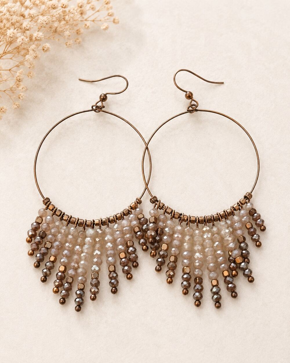 Bronze tone beaded dangle hoop earrings